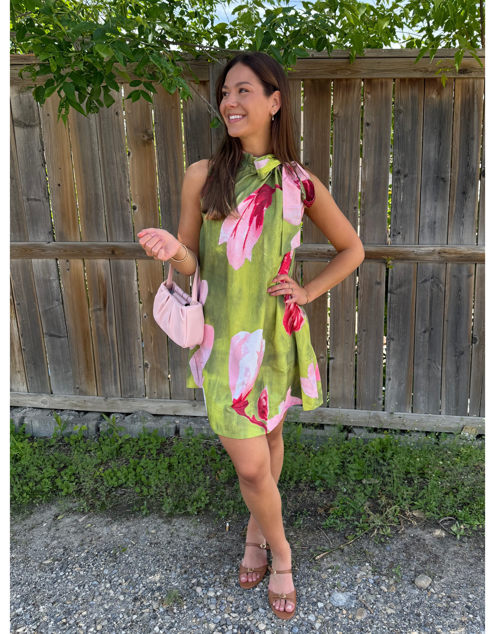 glam Floral Print Mini Dress with Ruffle Neck Tie (Lime)