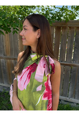glam Floral Print Mini Dress with Ruffle Neck Tie (Lime)