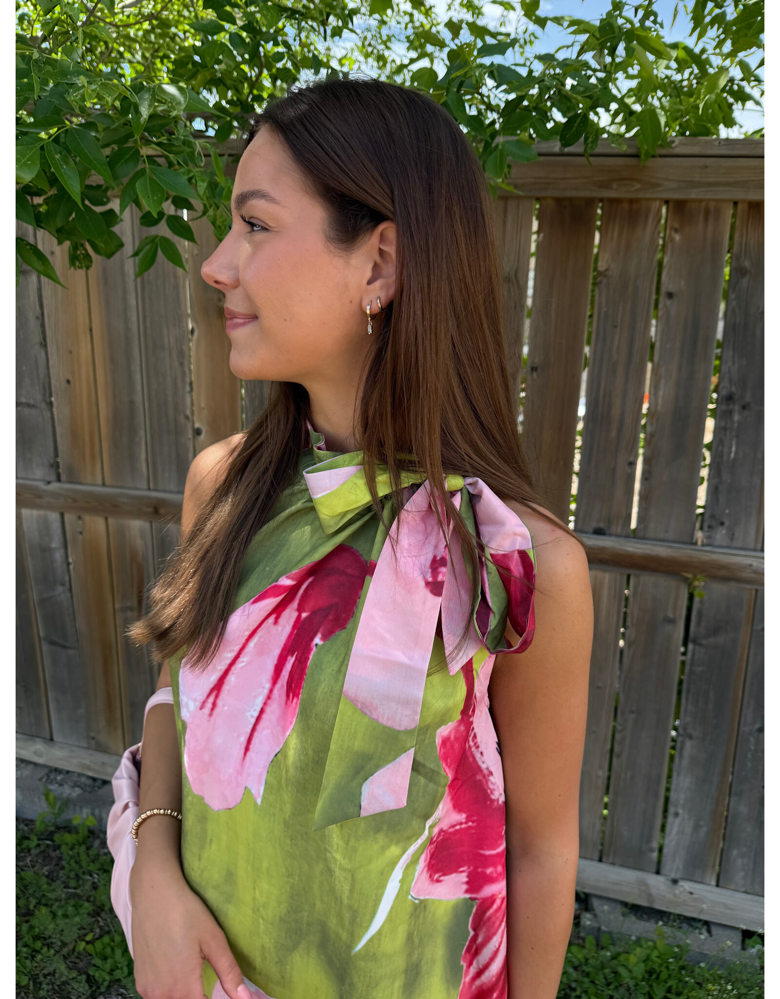 glam Floral Print Mini Dress with Ruffle Neck Tie (Lime)