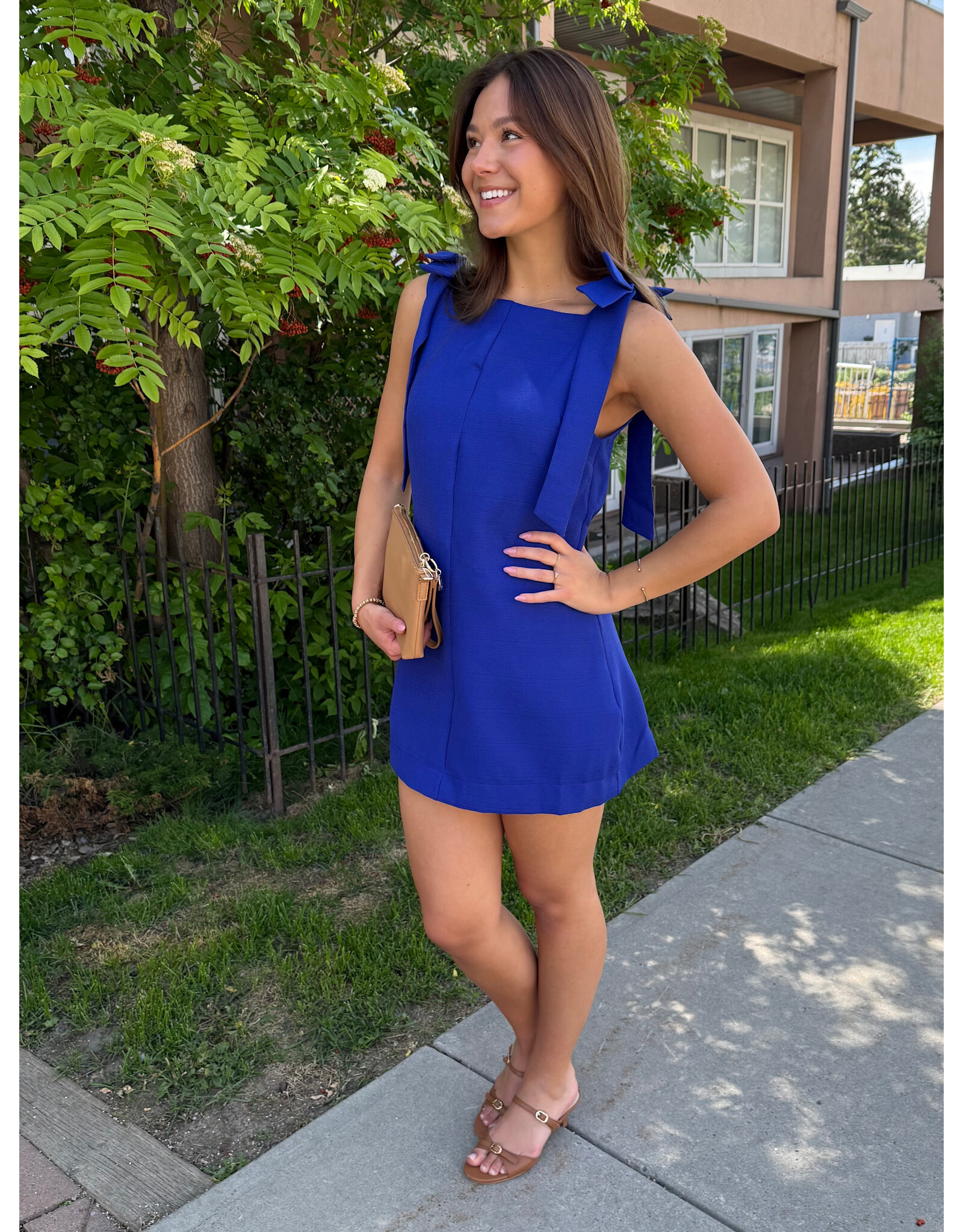 glam Bow Strap Mini Dress Straight Neckline (Blue)
