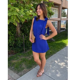 glam Bow Strap Mini Dress Straight Neckline (Blue)
