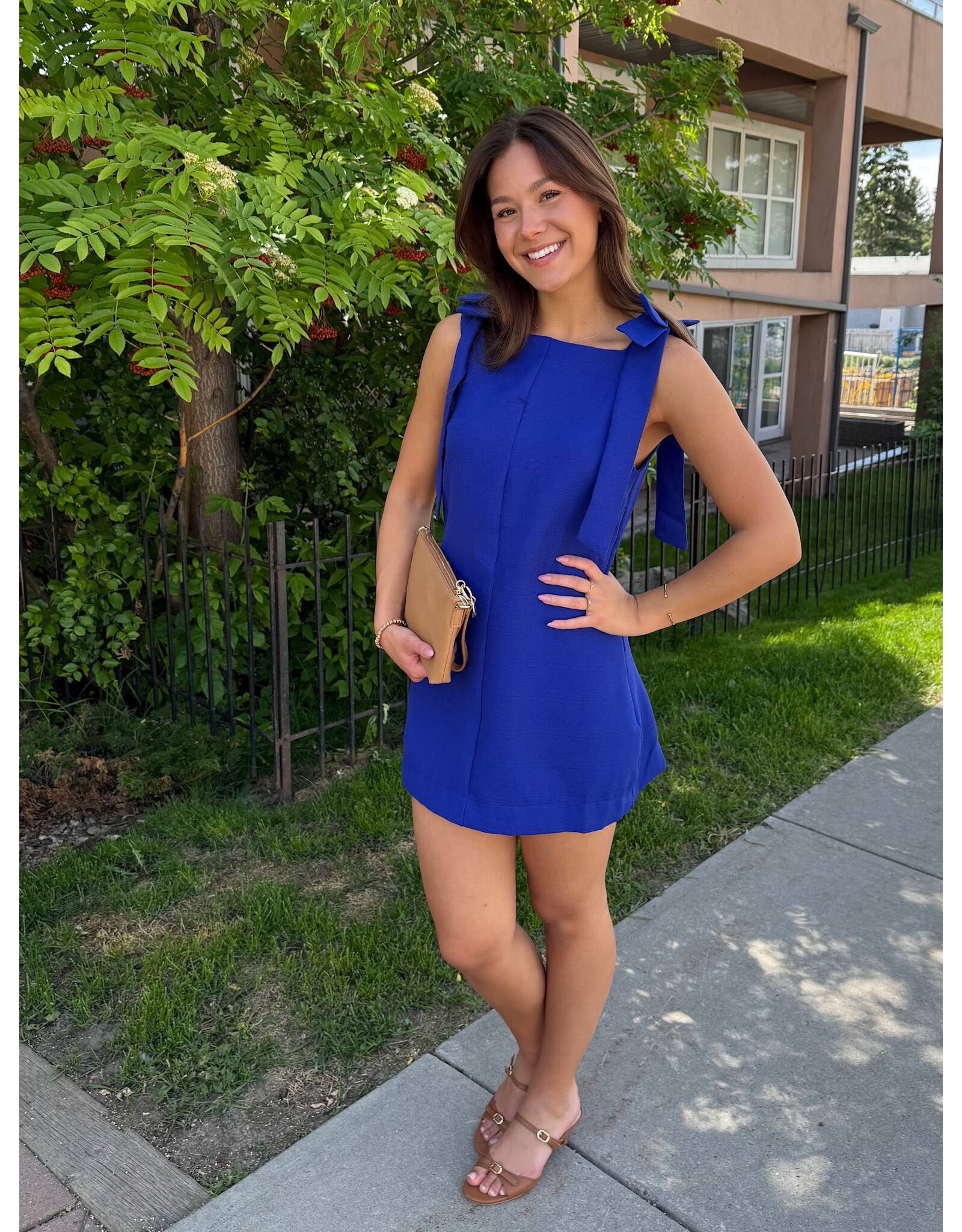 glam Bow Strap Mini Dress Straight Neckline (Blue)