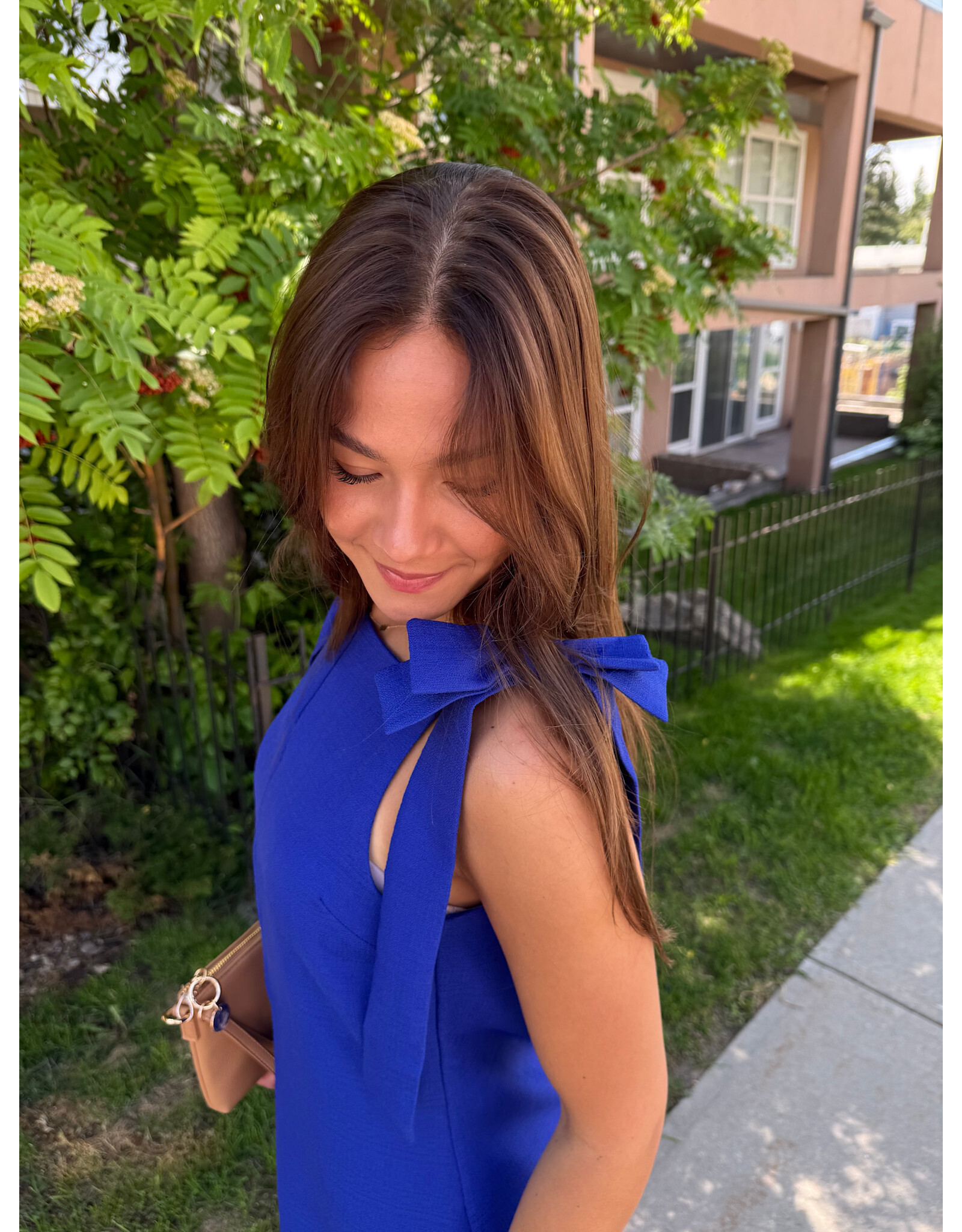 glam Bow Strap Mini Dress Straight Neckline (Blue)