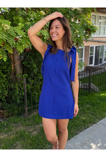 glam Bow Strap Mini Dress Straight Neckline (Blue)