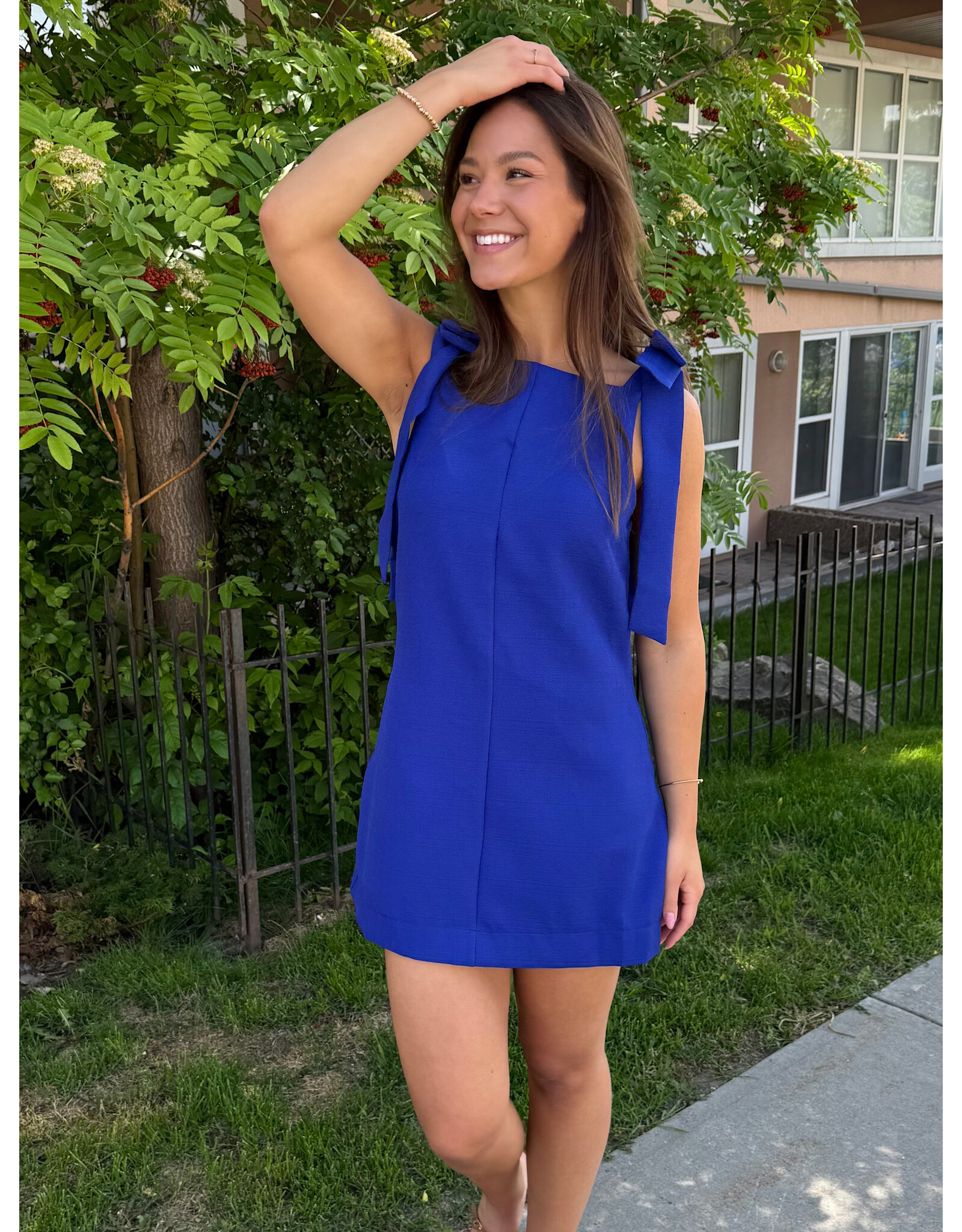 glam Bow Strap Mini Dress Straight Neckline (Blue)