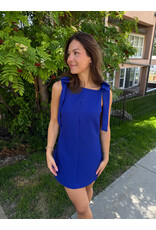 glam Bow Strap Mini Dress Straight Neckline (Blue)