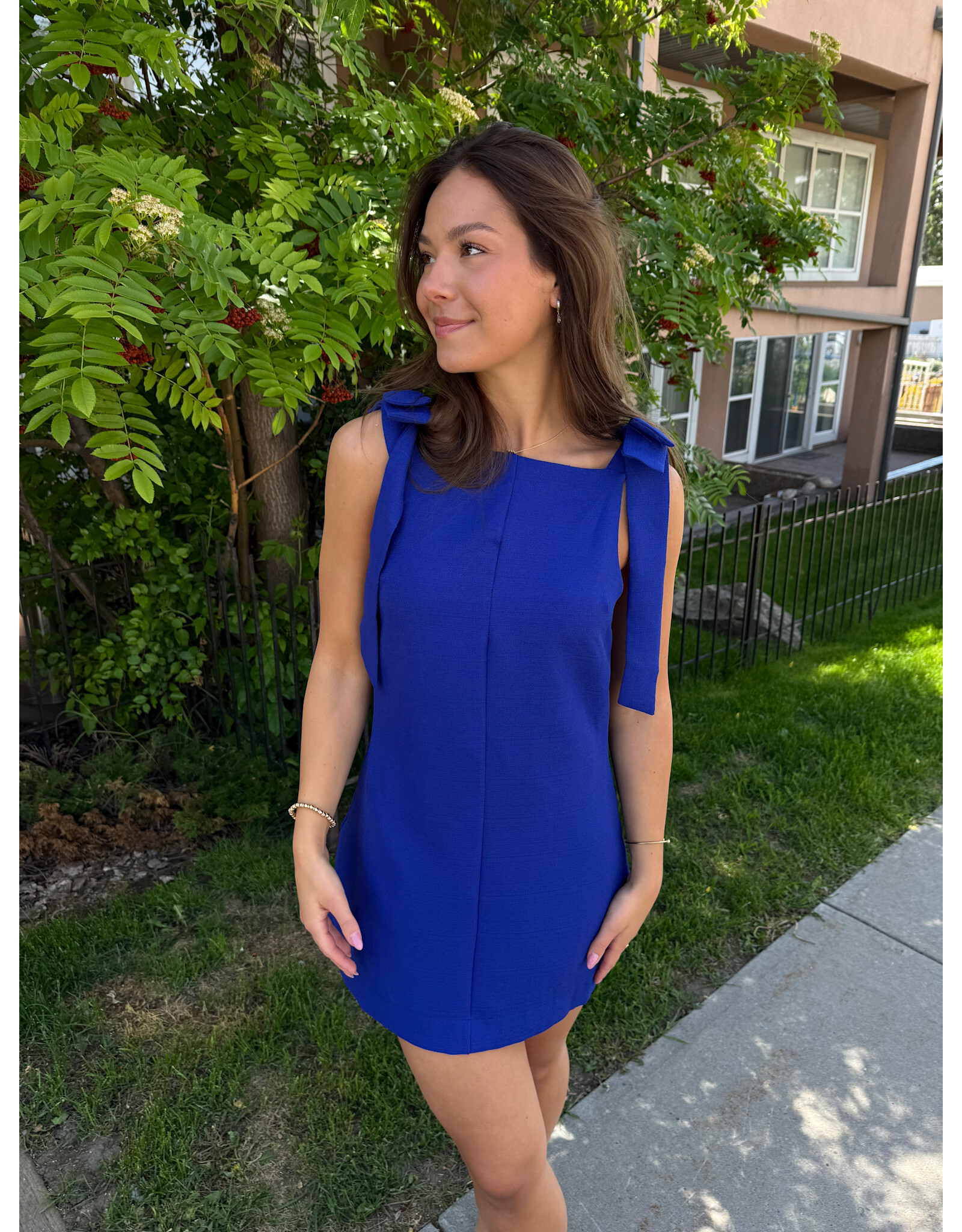 glam Bow Strap Mini Dress Straight Neckline (Blue)