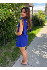 glam Bow Strap Mini Dress Straight Neckline (Blue)