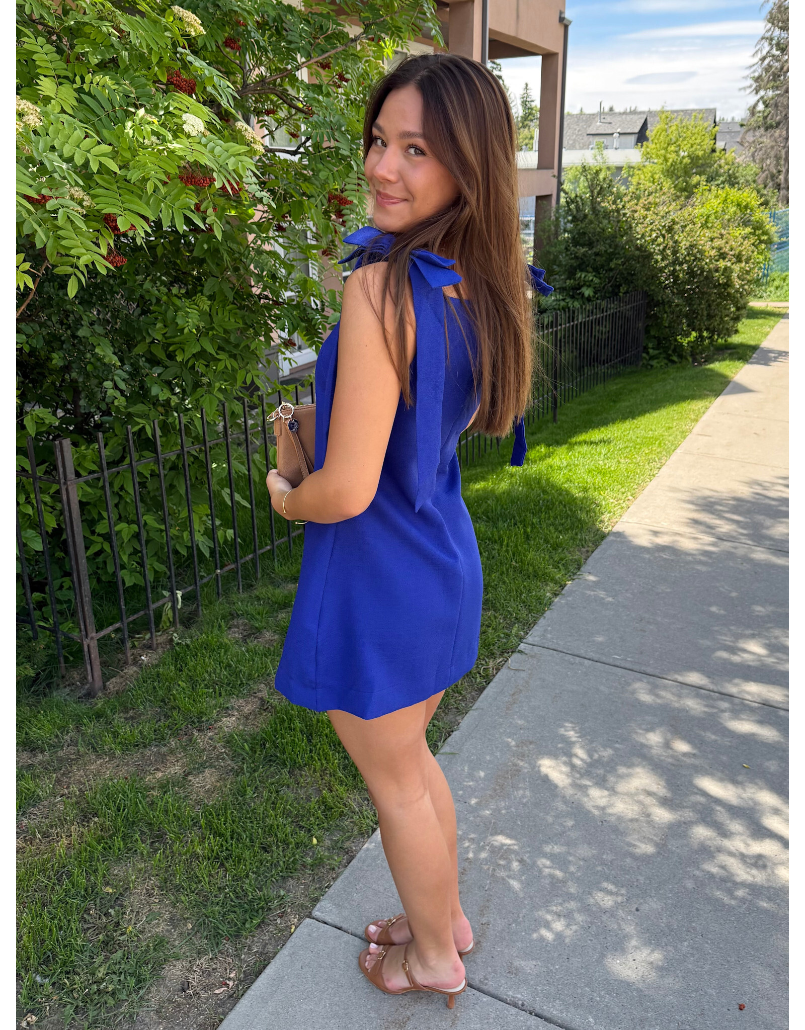 glam Bow Strap Mini Dress Straight Neckline (Blue)