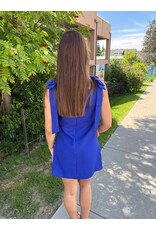 glam Bow Strap Mini Dress Straight Neckline (Blue)