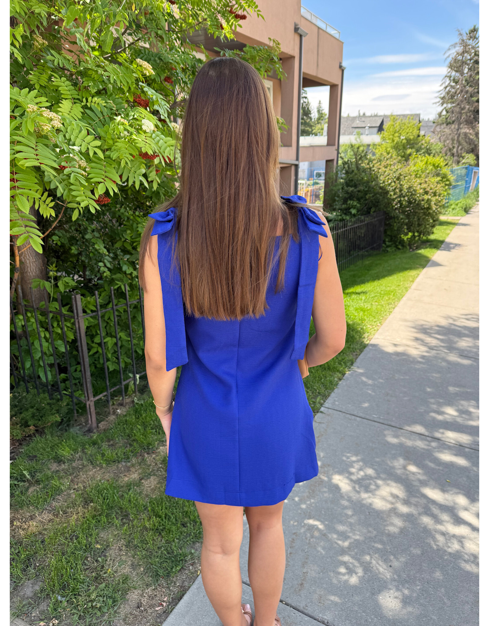 glam Bow Strap Mini Dress Straight Neckline (Blue)