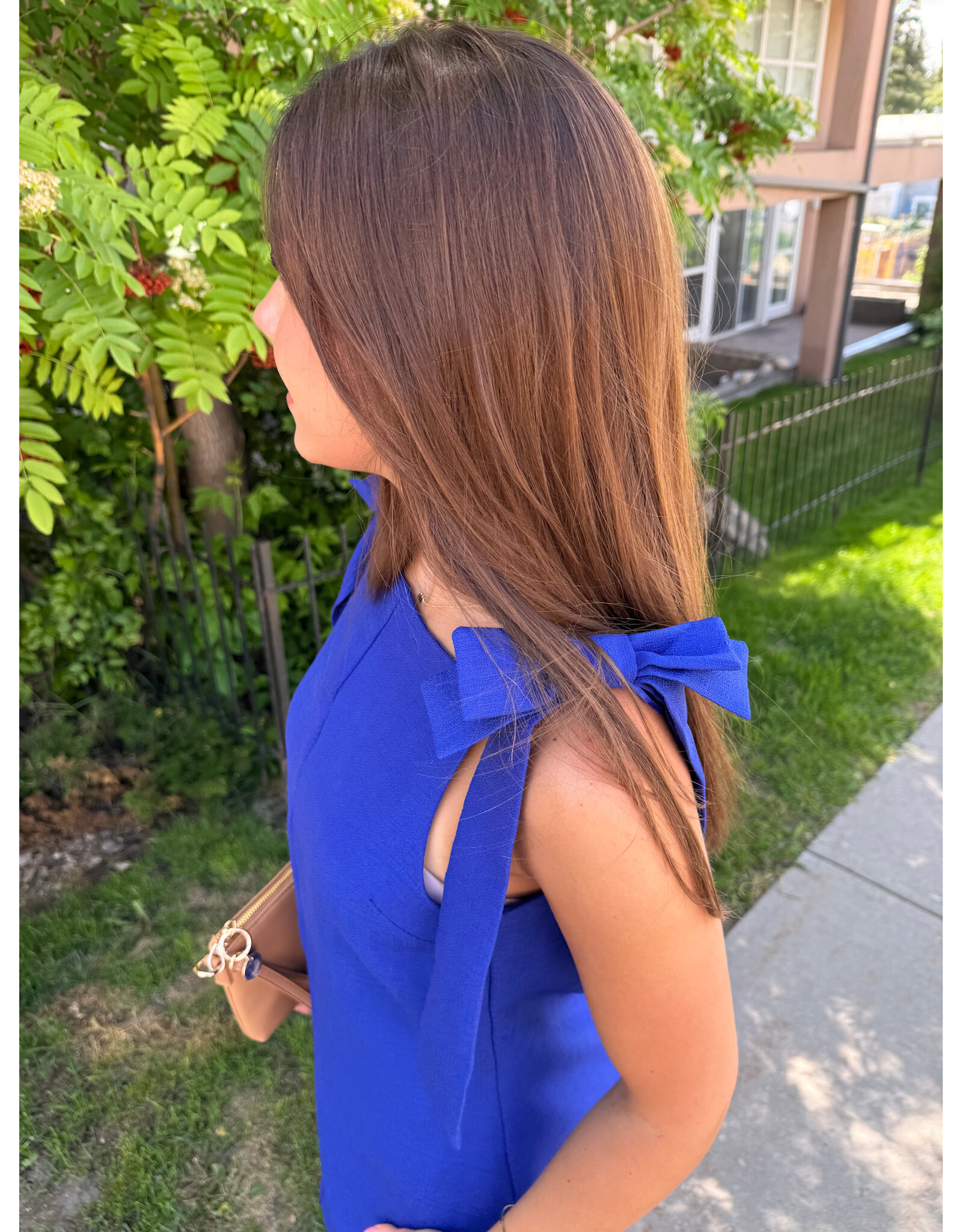 glam Bow Strap Mini Dress Straight Neckline (Blue)