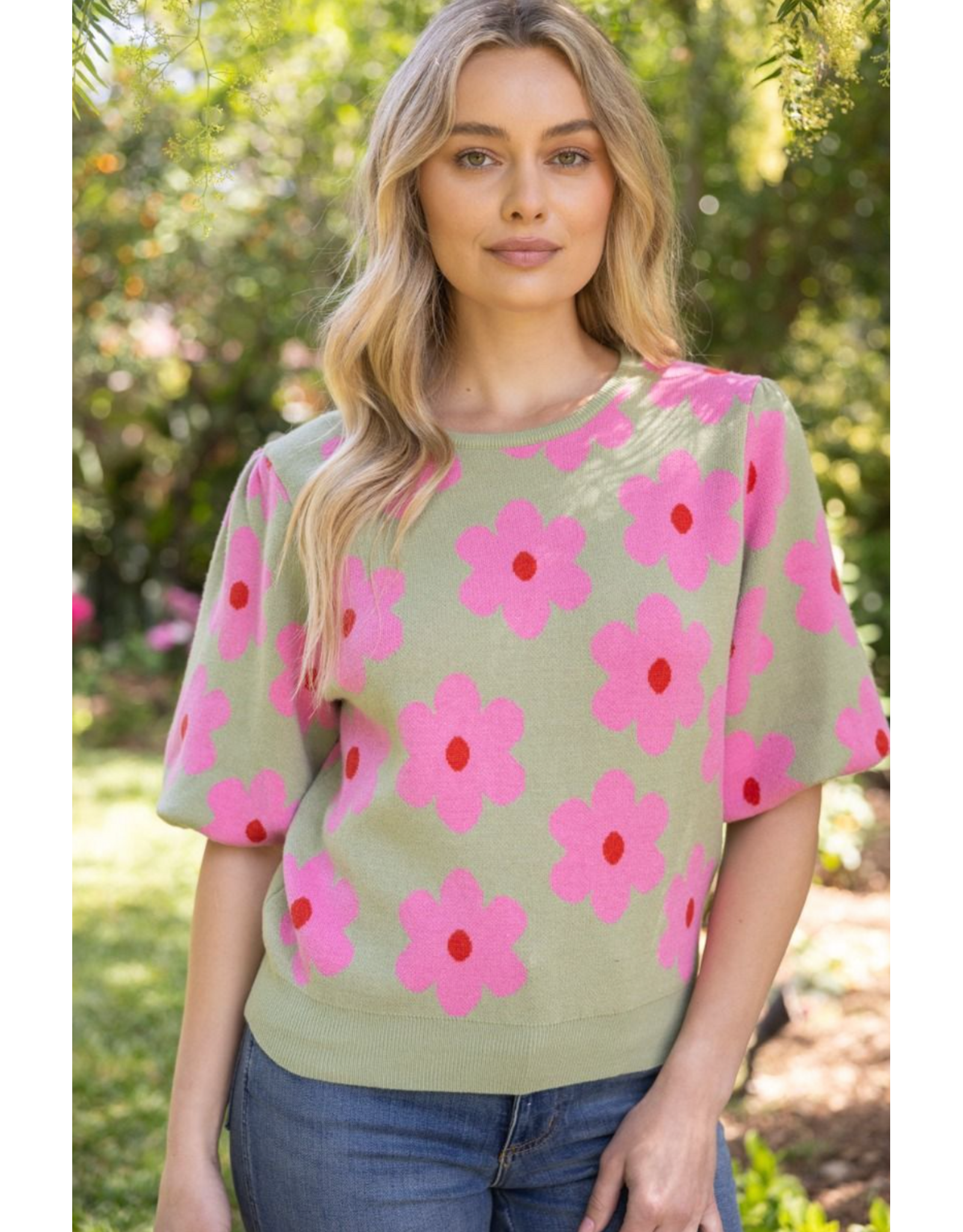 Voy Floral Print Knit Top with Bubble Sleeves (Olive)