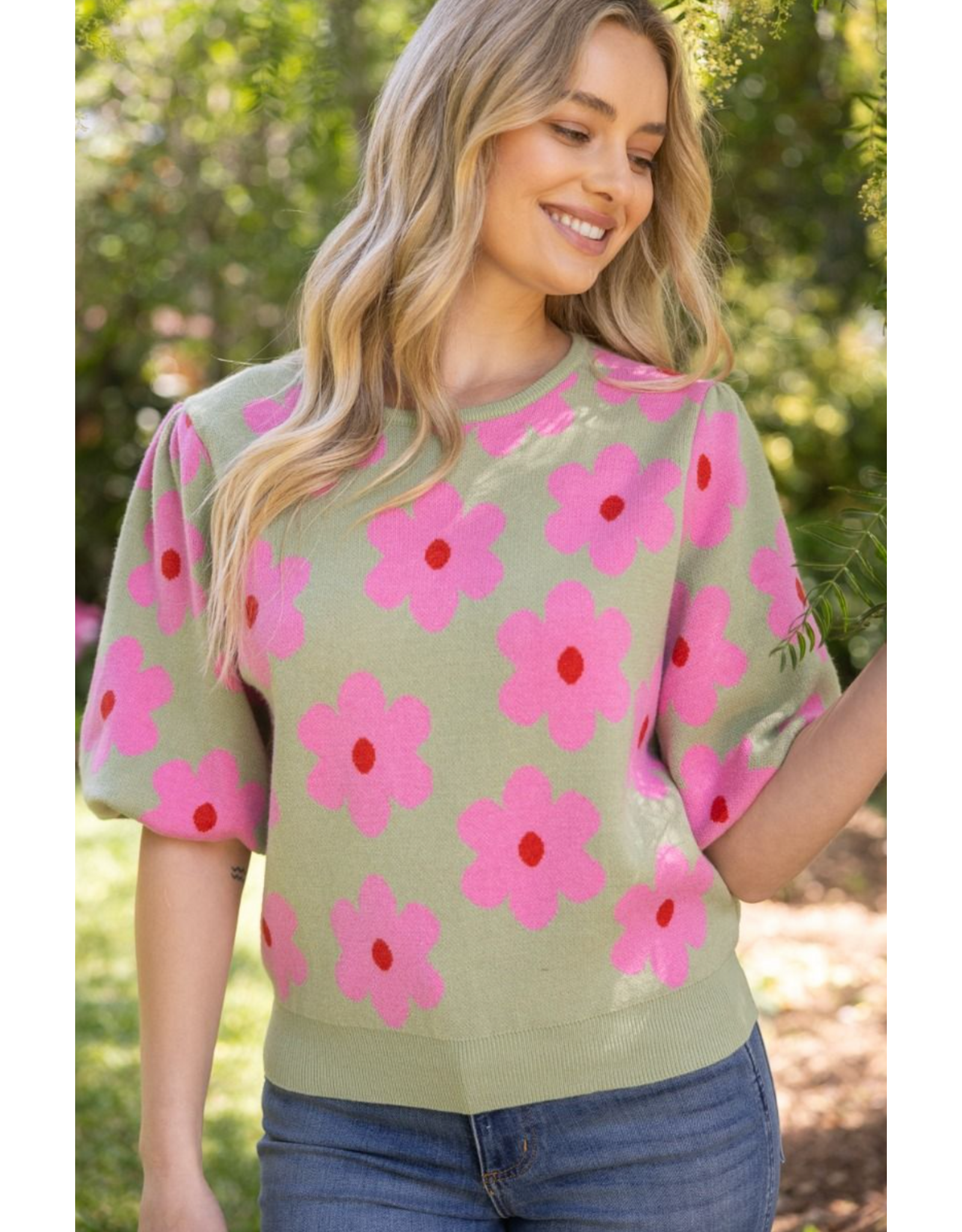 Voy Floral Print Knit Top with Bubble Sleeves (Olive)