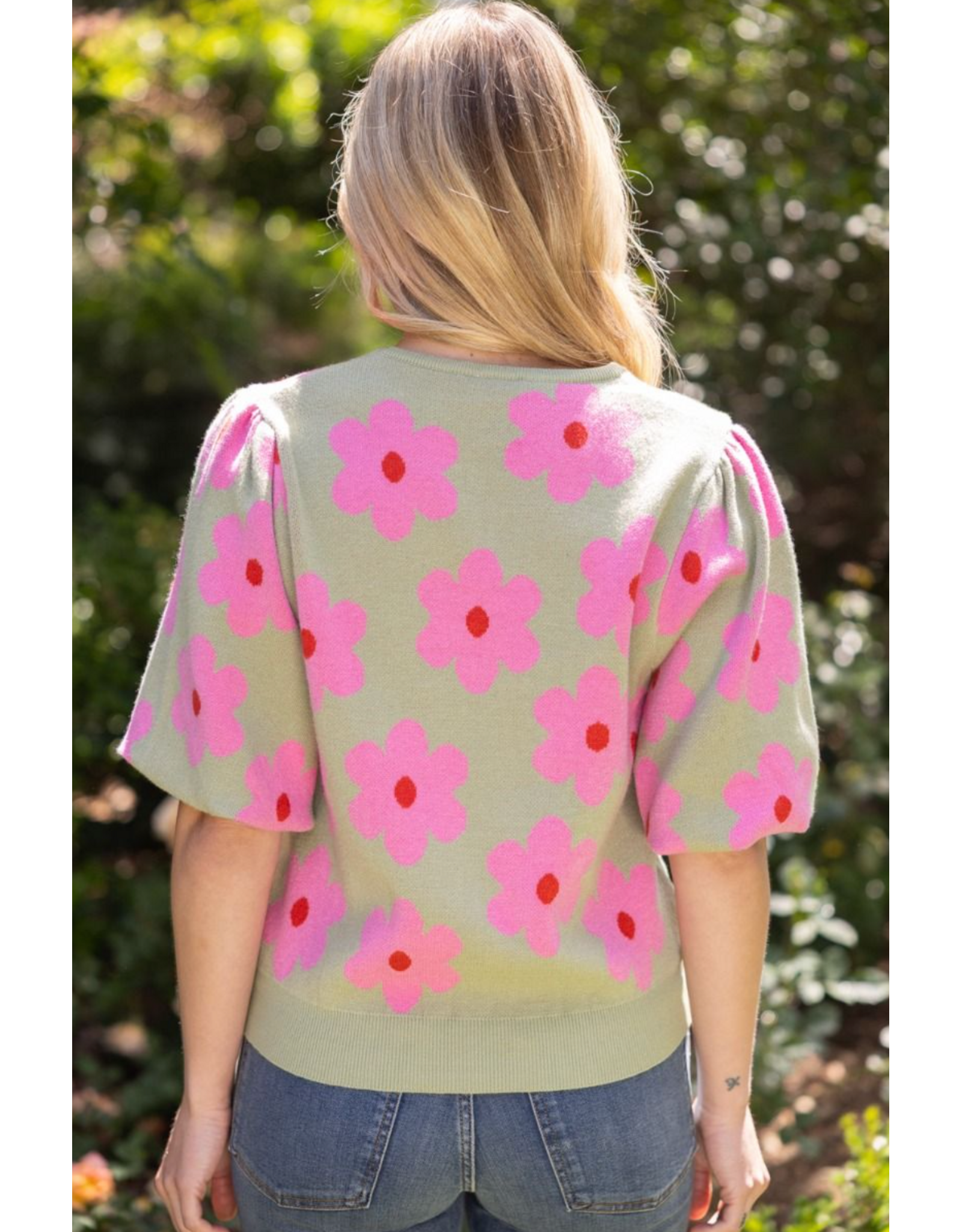 Voy Floral Print Knit Top with Bubble Sleeves (Olive)