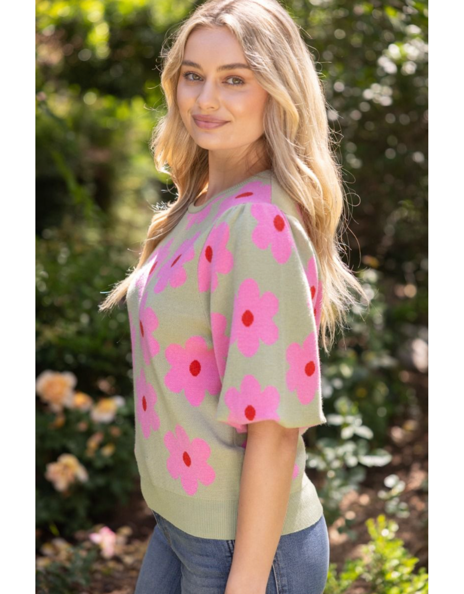 Voy Floral Print Knit Top with Bubble Sleeves (Olive)