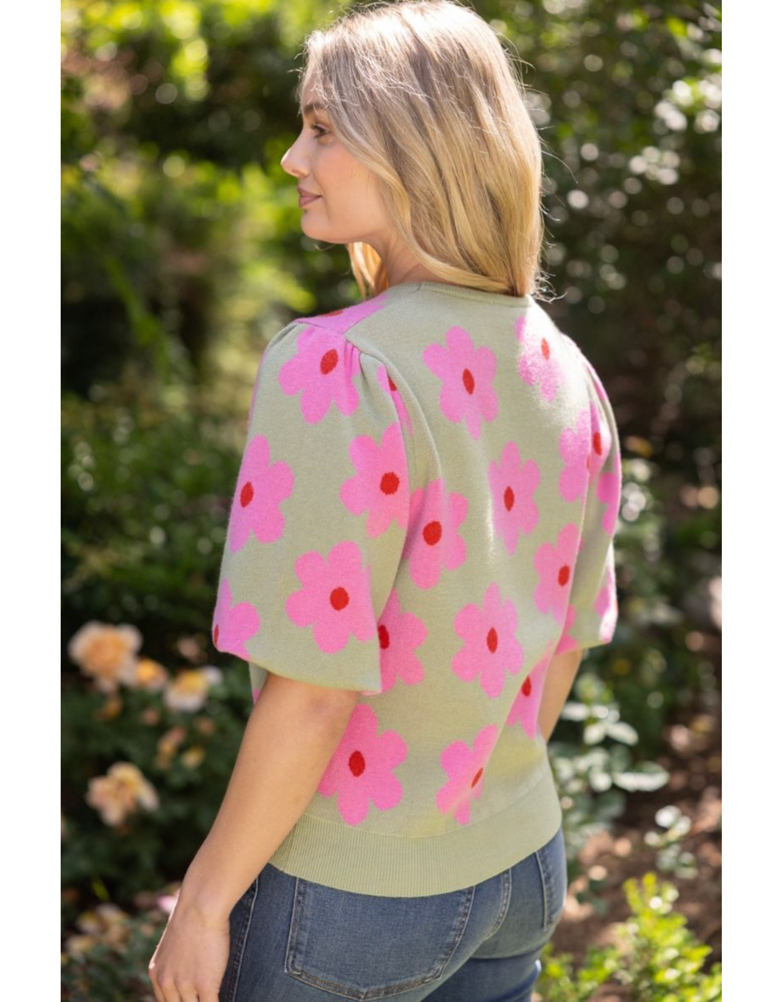 Voy Floral Print Knit Top with Bubble Sleeves (Olive)