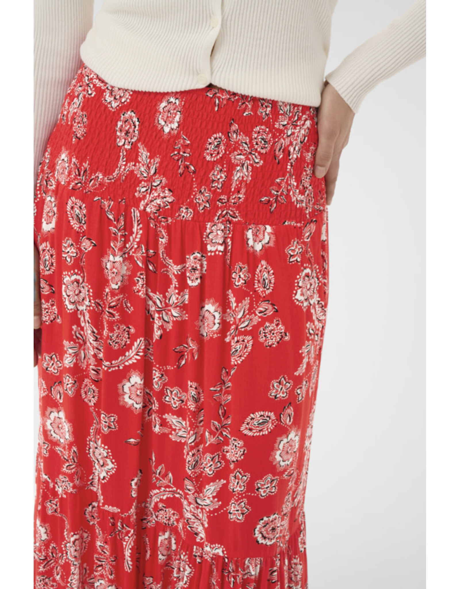 Kaffe Kaffe - Maxi Smocked Skirt (Poppy Red / Chalk)