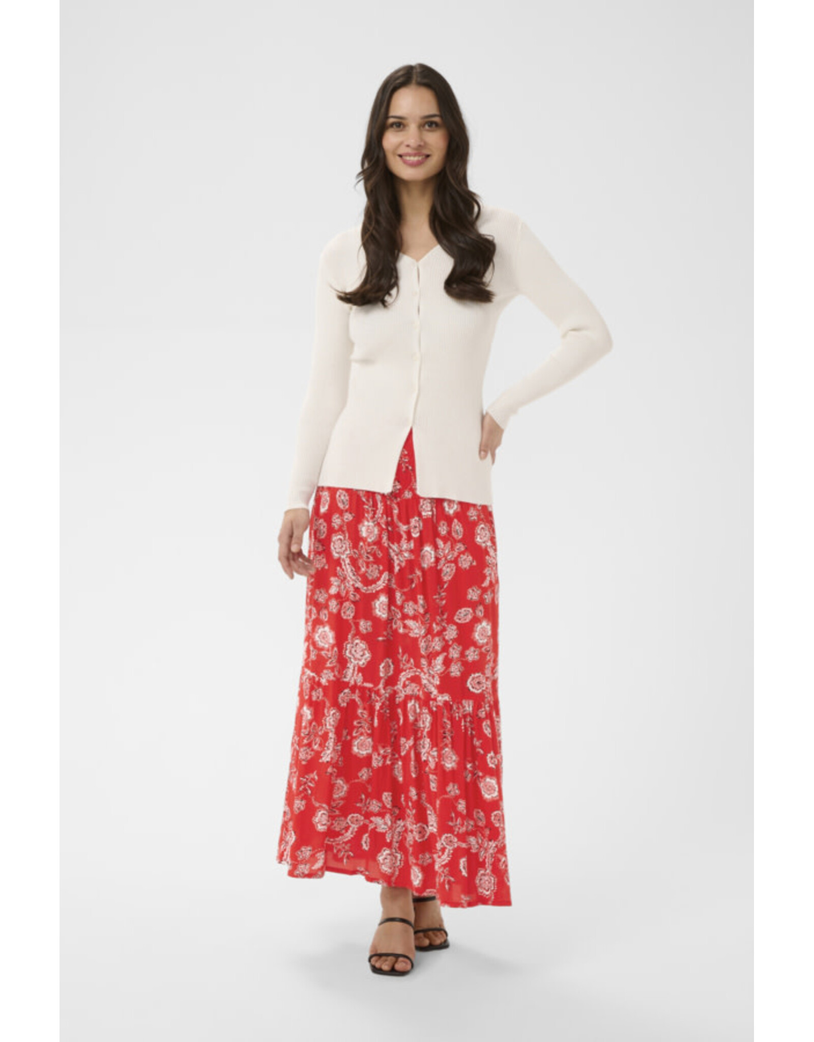 Kaffe Kaffe - Maxi Smocked Skirt (Poppy Red / Chalk)