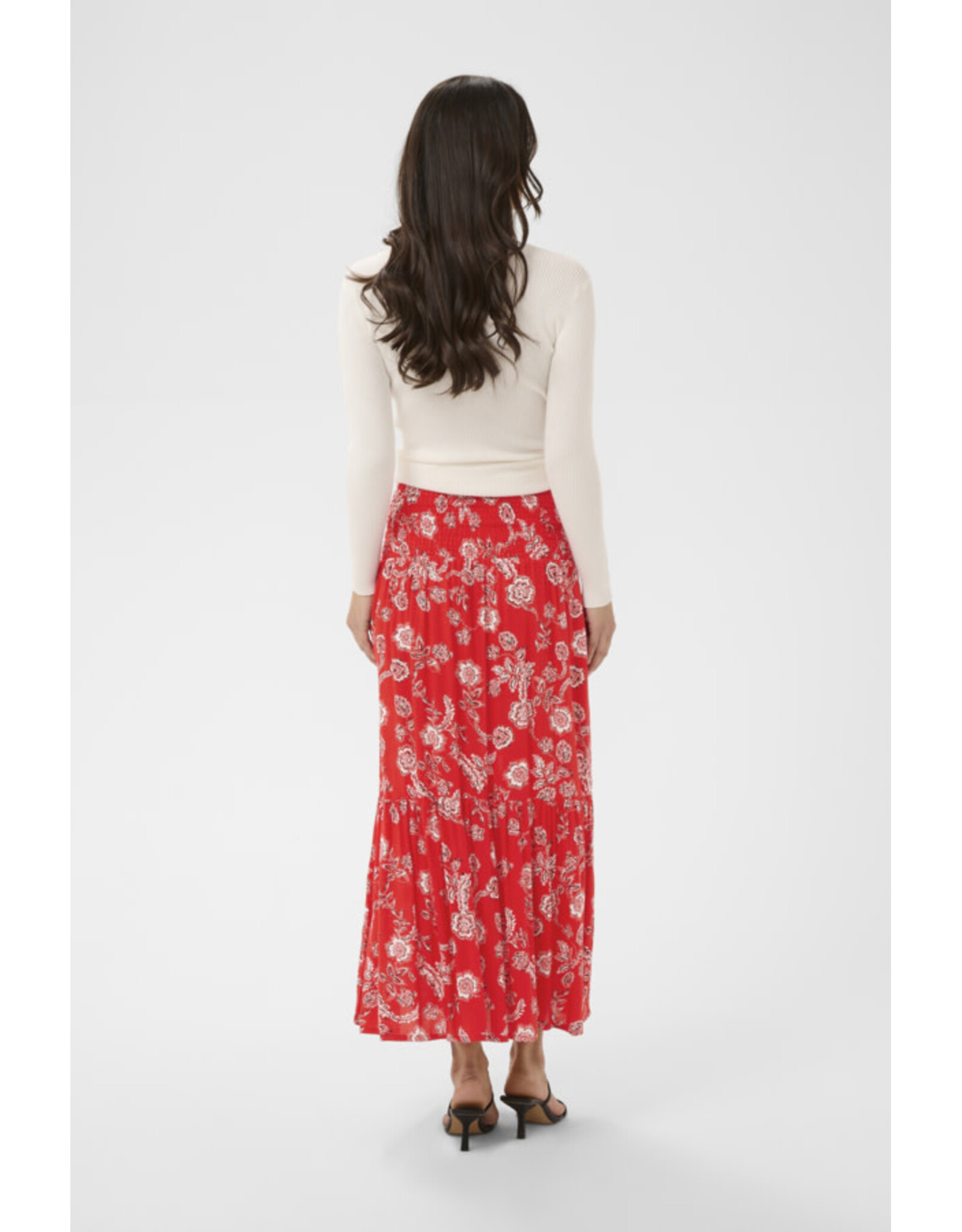 Kaffe Kaffe - Maxi Smocked Skirt (Poppy Red / Chalk)