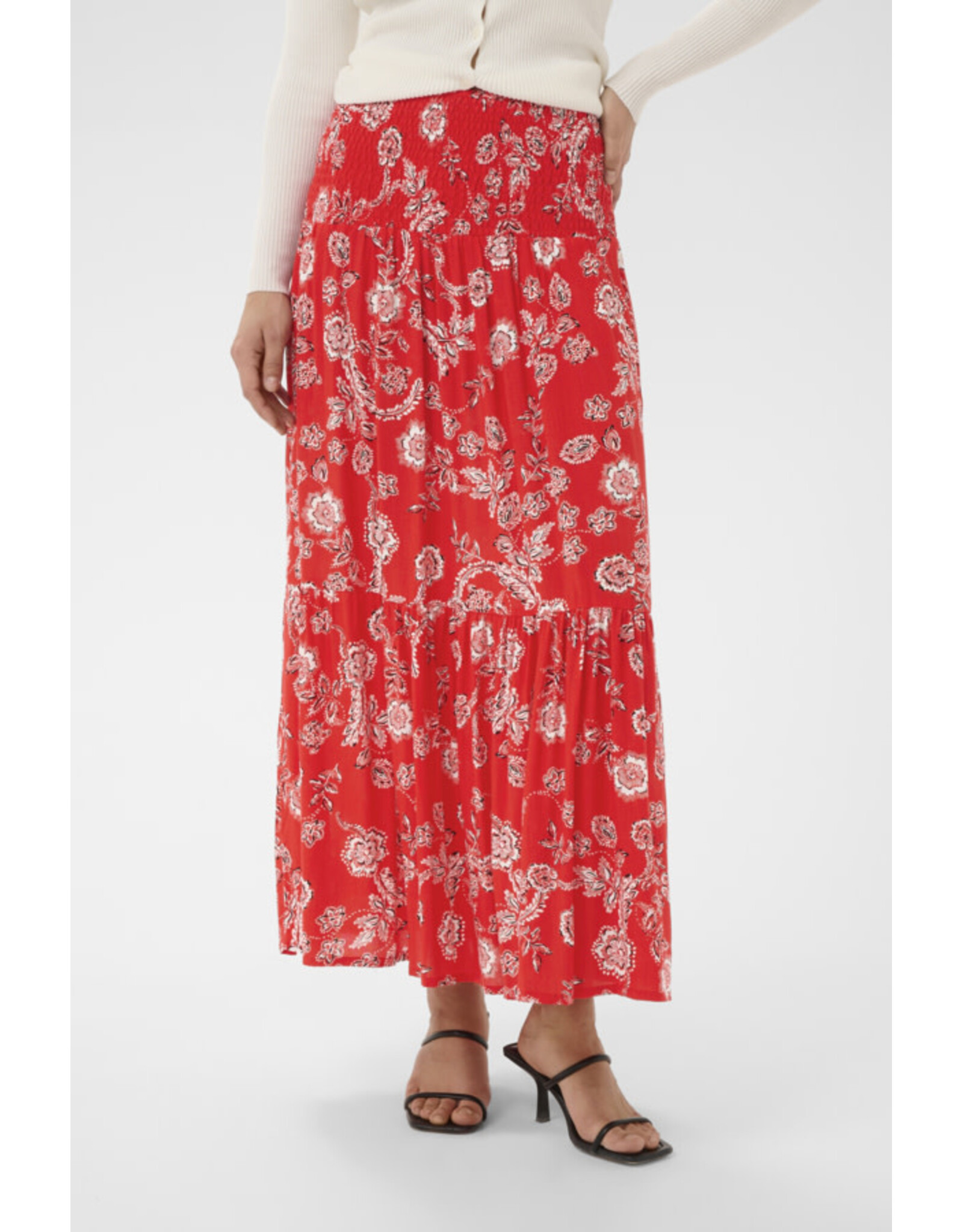 Kaffe Kaffe - Maxi Smocked Skirt (Poppy Red / Chalk)