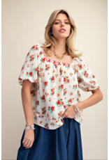 Easel Floral Print Peasant Style Blouse (Red)