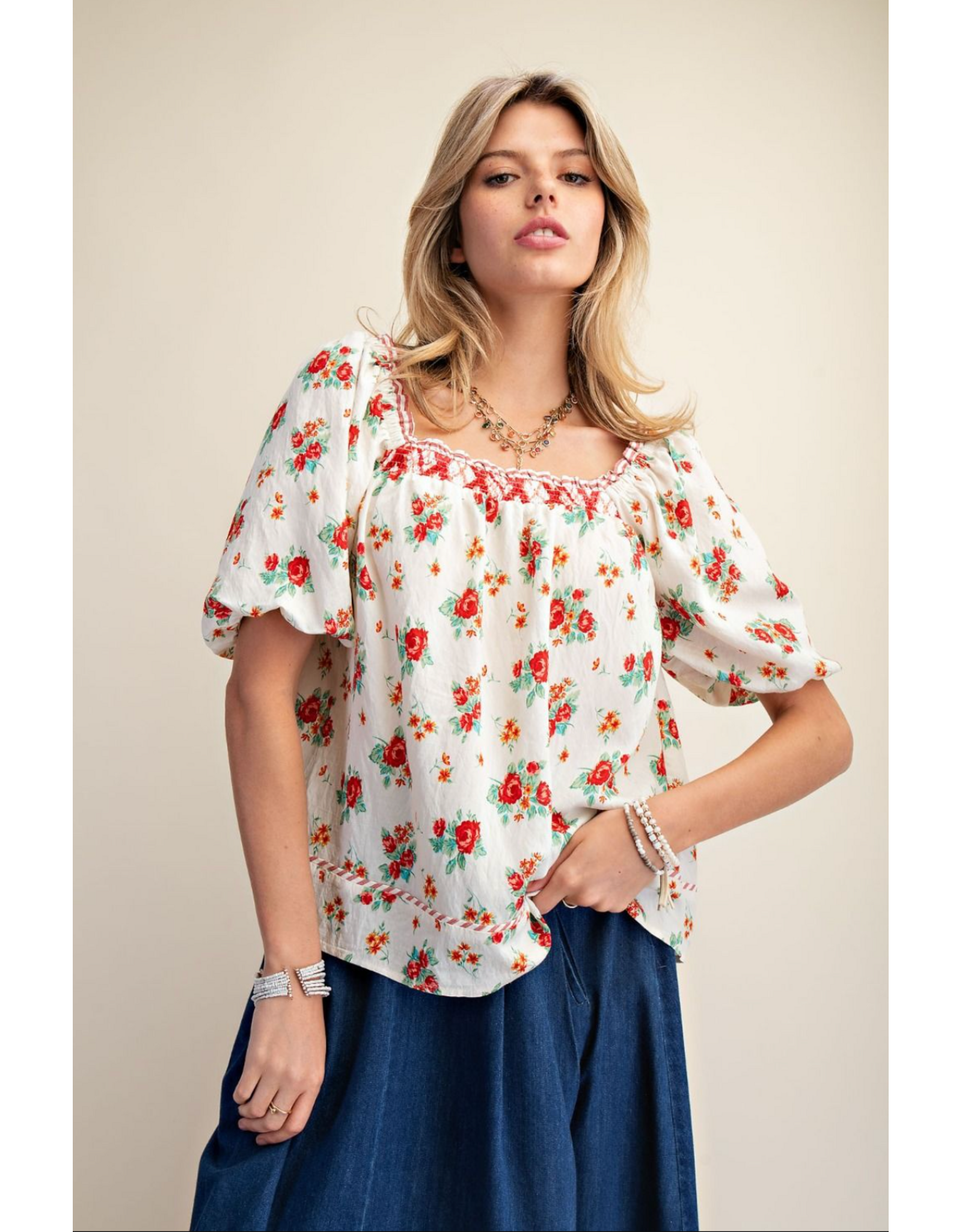Easel Floral Print Peasant Style Blouse (Red)