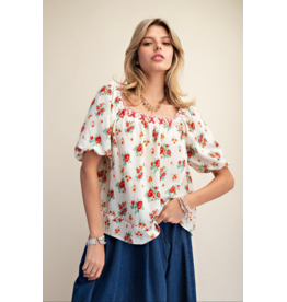 Easel Floral Print Peasant Style Blouse (Red)