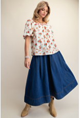 Easel Floral Print Peasant Style Blouse (Red)