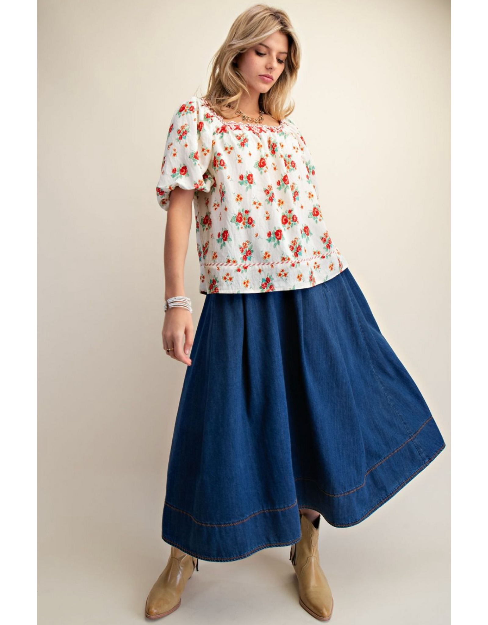 Easel Floral Print Peasant Style Blouse (Red)