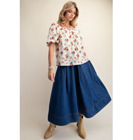 Easel Floral Print Peasant Style Blouse (Red)