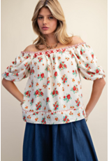 Easel Floral Print Peasant Style Blouse (Red)