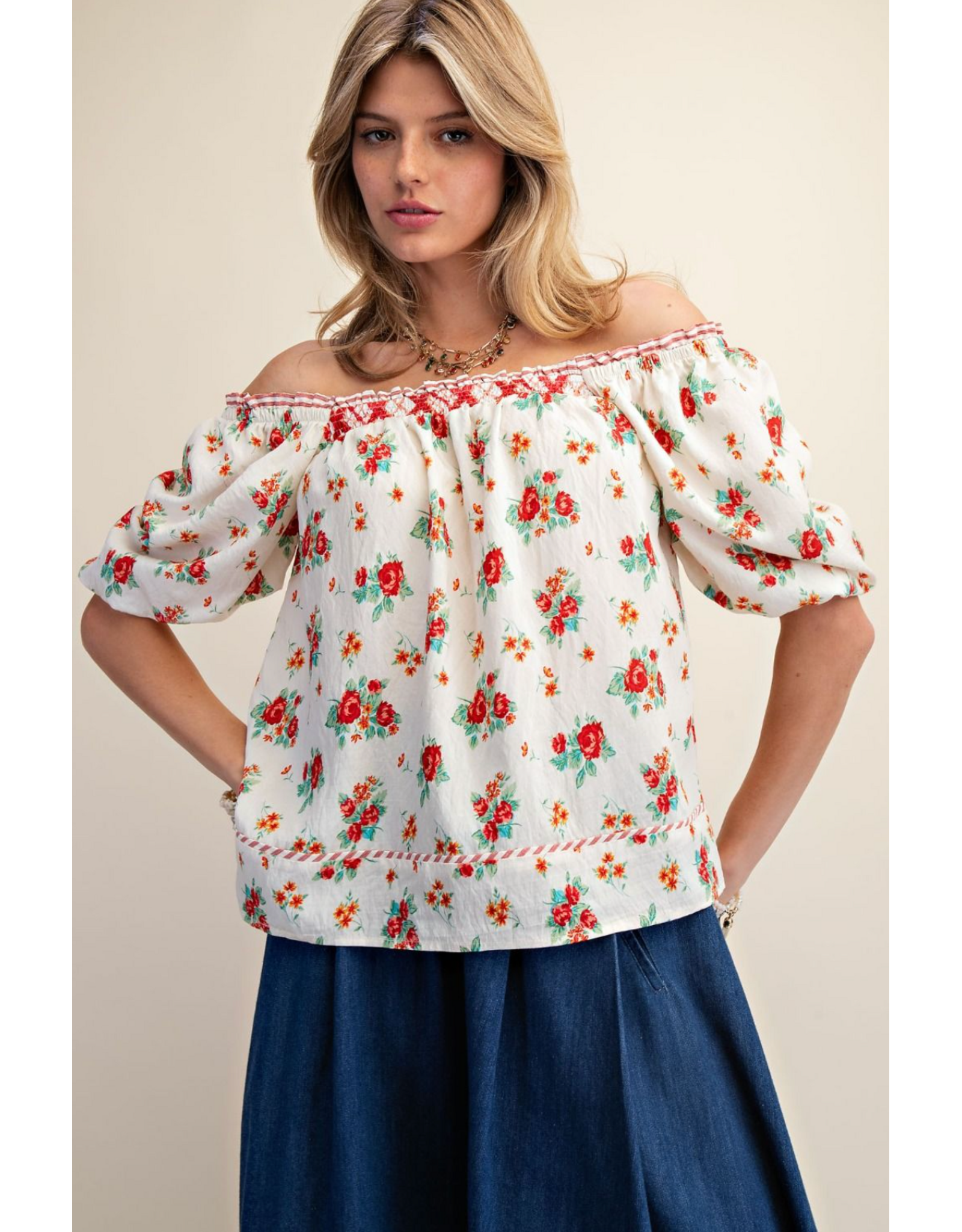 Easel Floral Print Peasant Style Blouse (Red)
