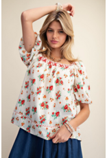 Easel Floral Print Peasant Style Blouse (Red)