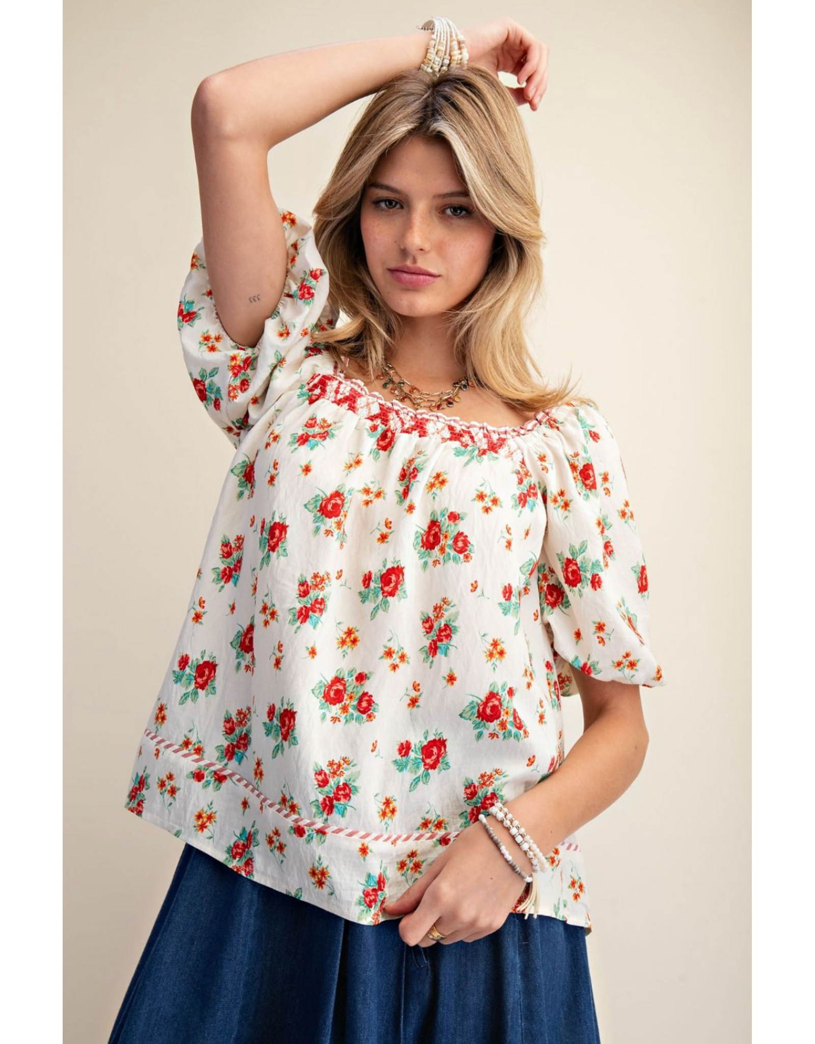 Easel Floral Print Peasant Style Blouse (Red)