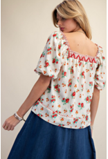 Easel Floral Print Peasant Style Blouse (Red)