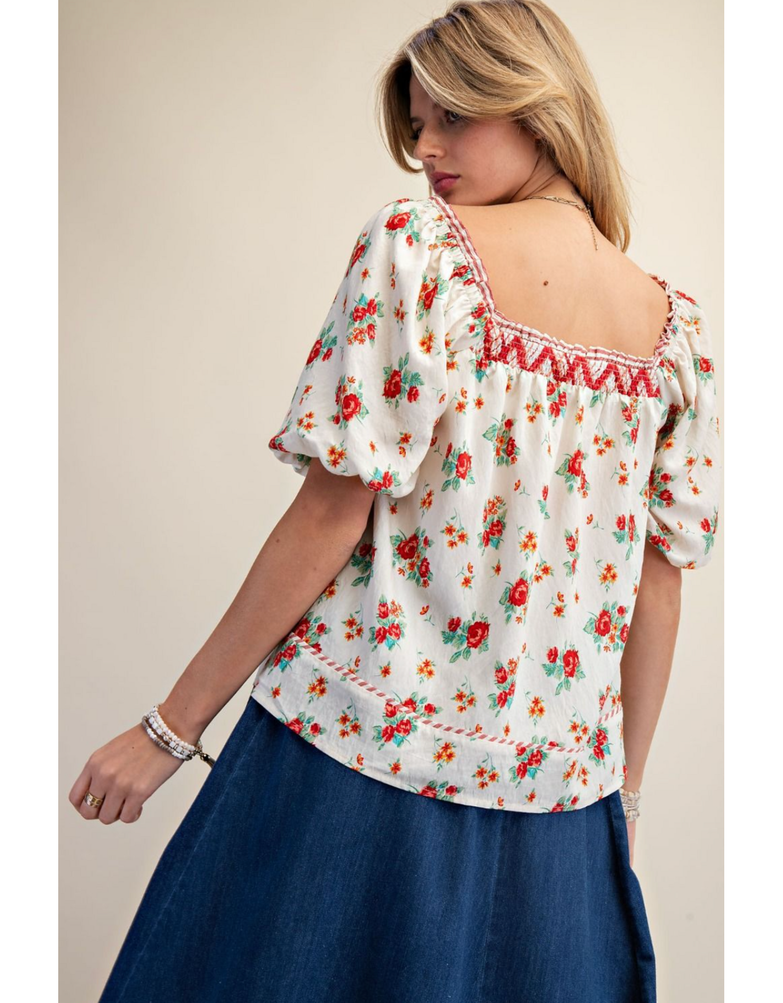 Easel Floral Print Peasant Style Blouse (Red)