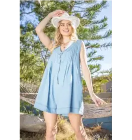 She + Sky Denim Pleated Romper with Front Tie & Pockets