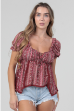 Paisley Print Top with Crochet Trim and Tie Up Bodice (Red)