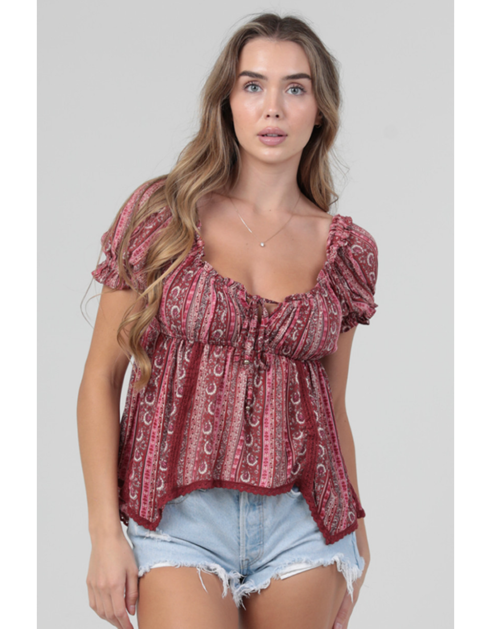 Paisley Print Top with Crochet Trim and Tie Up Bodice (Red)