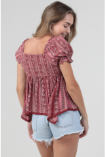 Paisley Print Top with Crochet Trim and Tie Up Bodice (Red)