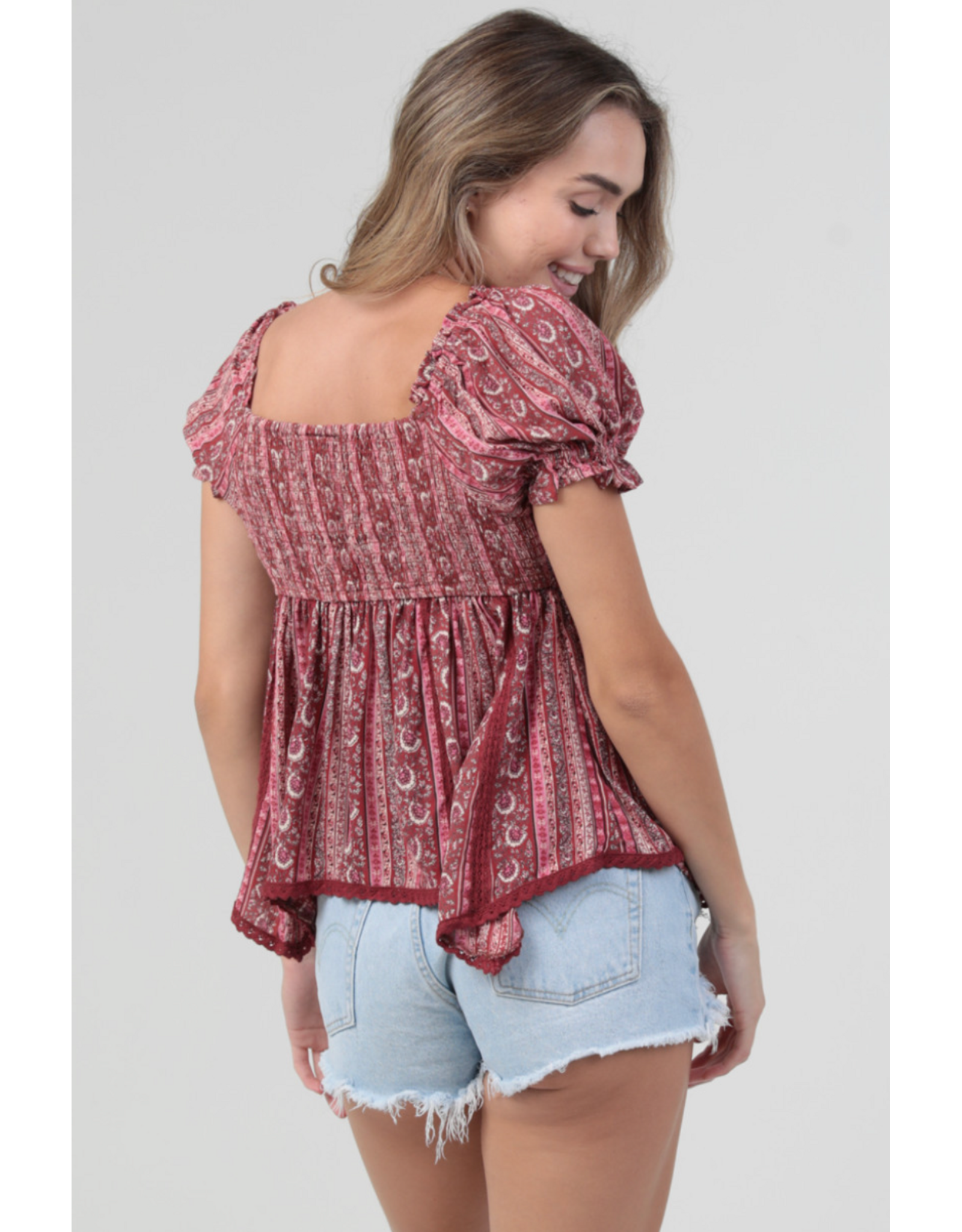 Paisley Print Top with Crochet Trim and Tie Up Bodice (Red)