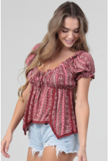 Paisley Print Top with Crochet Trim and Tie Up Bodice (Red)