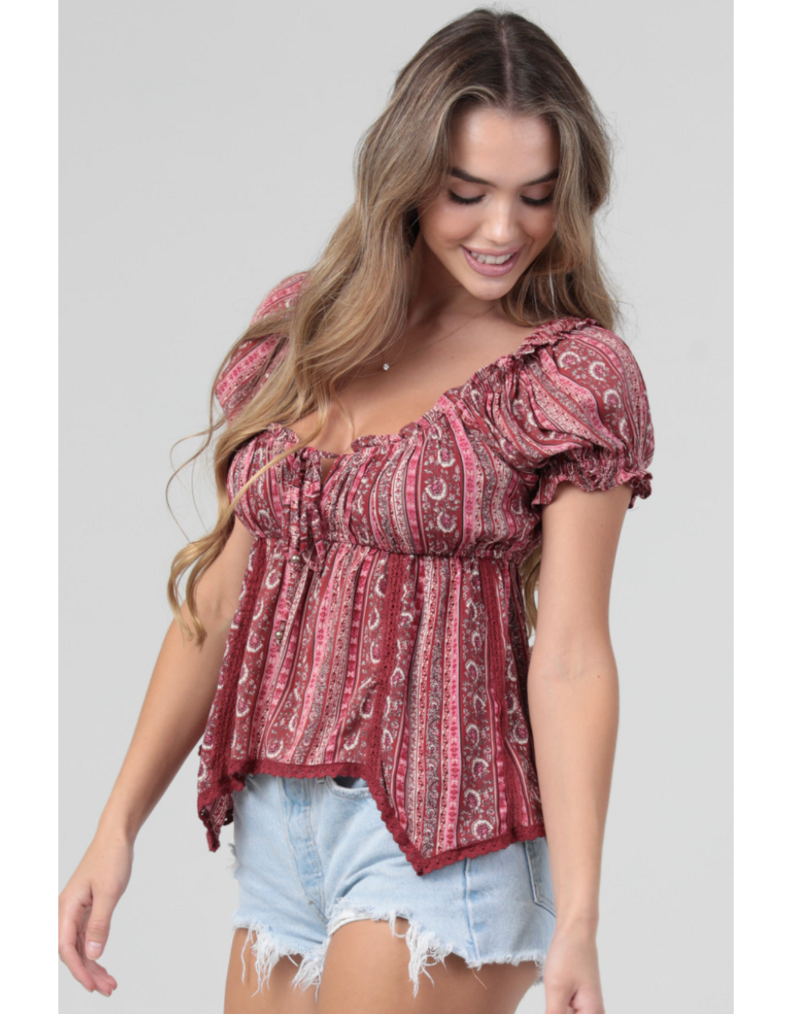 Paisley Print Top with Crochet Trim and Tie Up Bodice (Red)