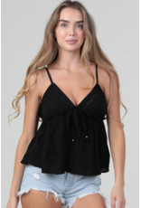 V Neck Spaghetti Strap Lace Trim Tank (Black)