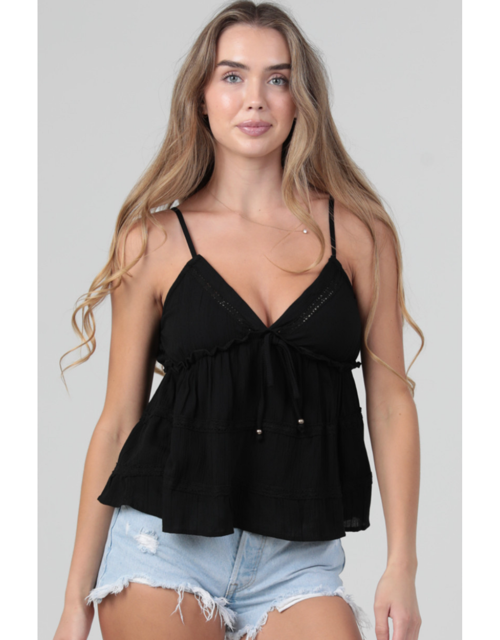 V Neck Spaghetti Strap Lace Trim Tank (Black)