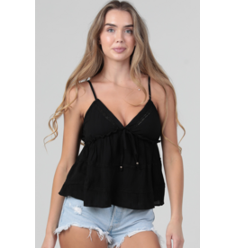 V Neck Spaghetti Strap Lace Trim Tank (Black)