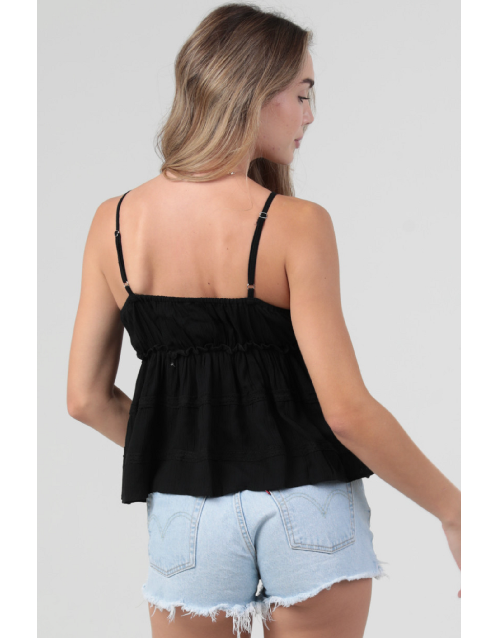 V Neck Spaghetti Strap Lace Trim Tank (Black)