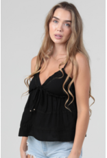V Neck Spaghetti Strap Lace Trim Tank (Black)