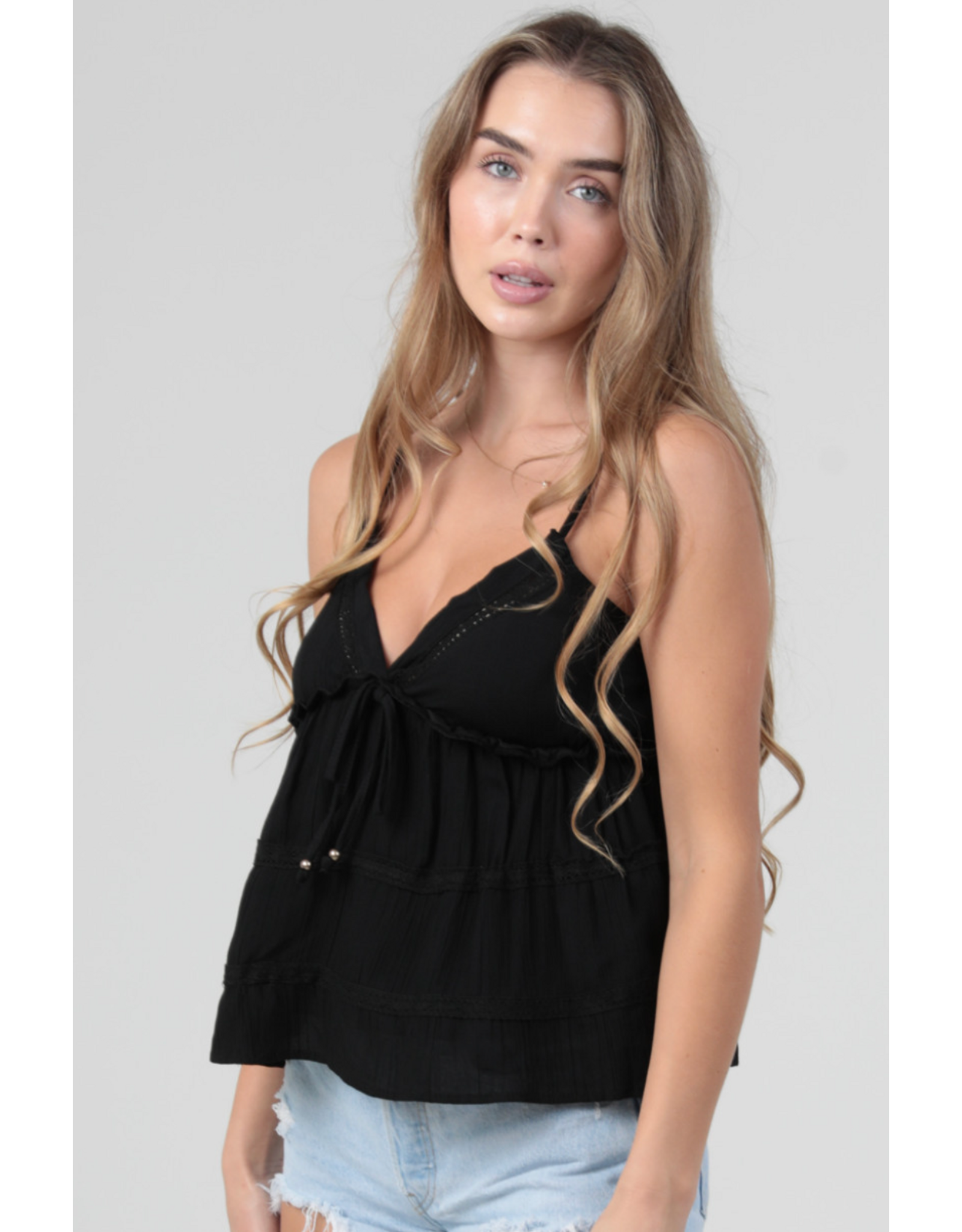 V Neck Spaghetti Strap Lace Trim Tank (Black)